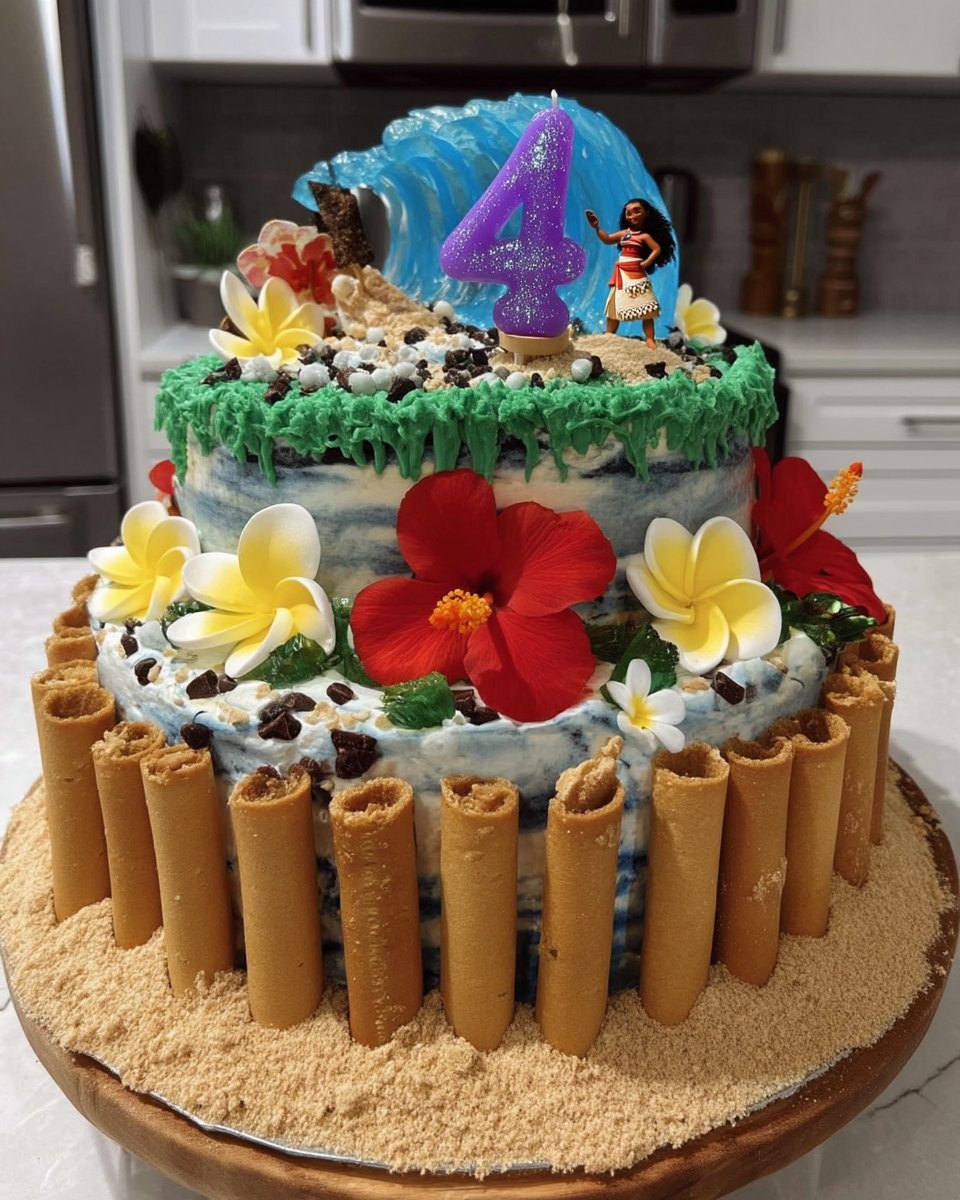 A festive Moana cake with blue buttercream waves and biscuit sand on a party table