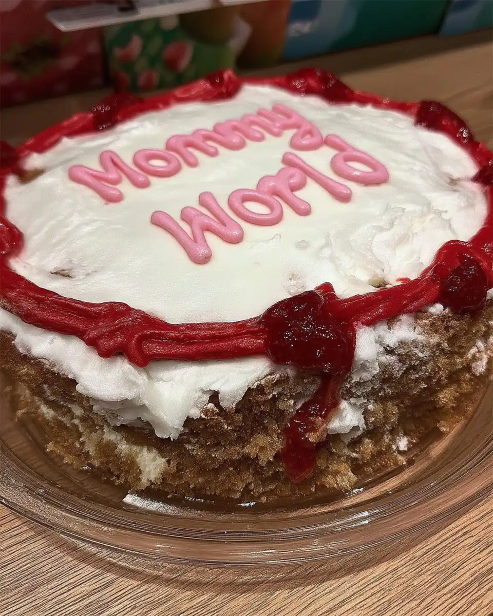 Mothers Day cake square served on a white plate with fresh strawberries