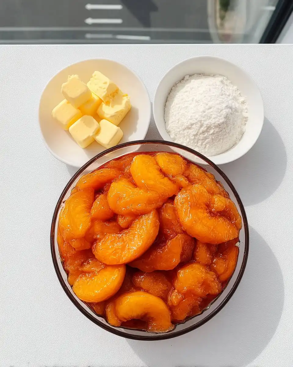 Canned peaches yellow cake mix and butter arranged on a marble surface