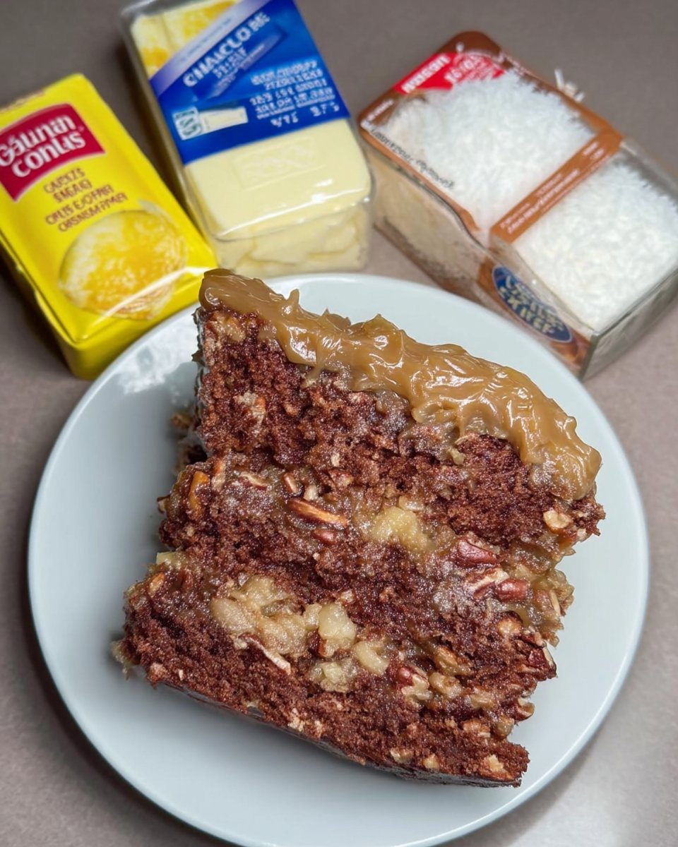 Baking pan layered with flaked coconut and chopped pecans before batter is added