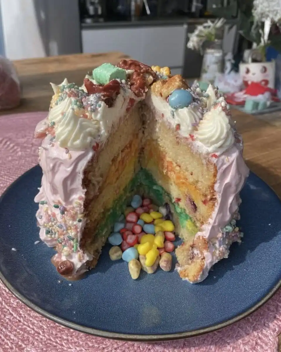 A slice of rainbow layered pinata cake with candy spilling out from the center