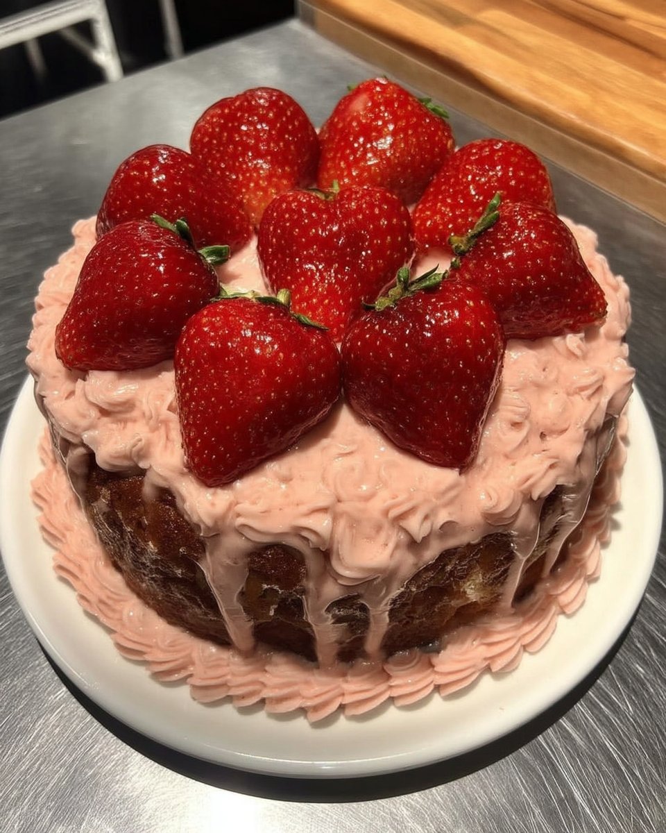 Pink Cake 13 Swirls of pink strawberry cream cheese frosting showing specks of fruit