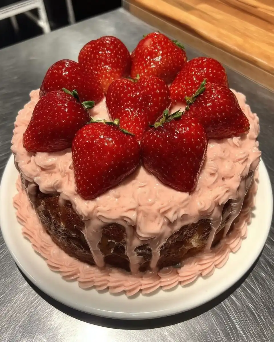 Swirls of pink strawberry cream cheese frosting showing specks of fruit