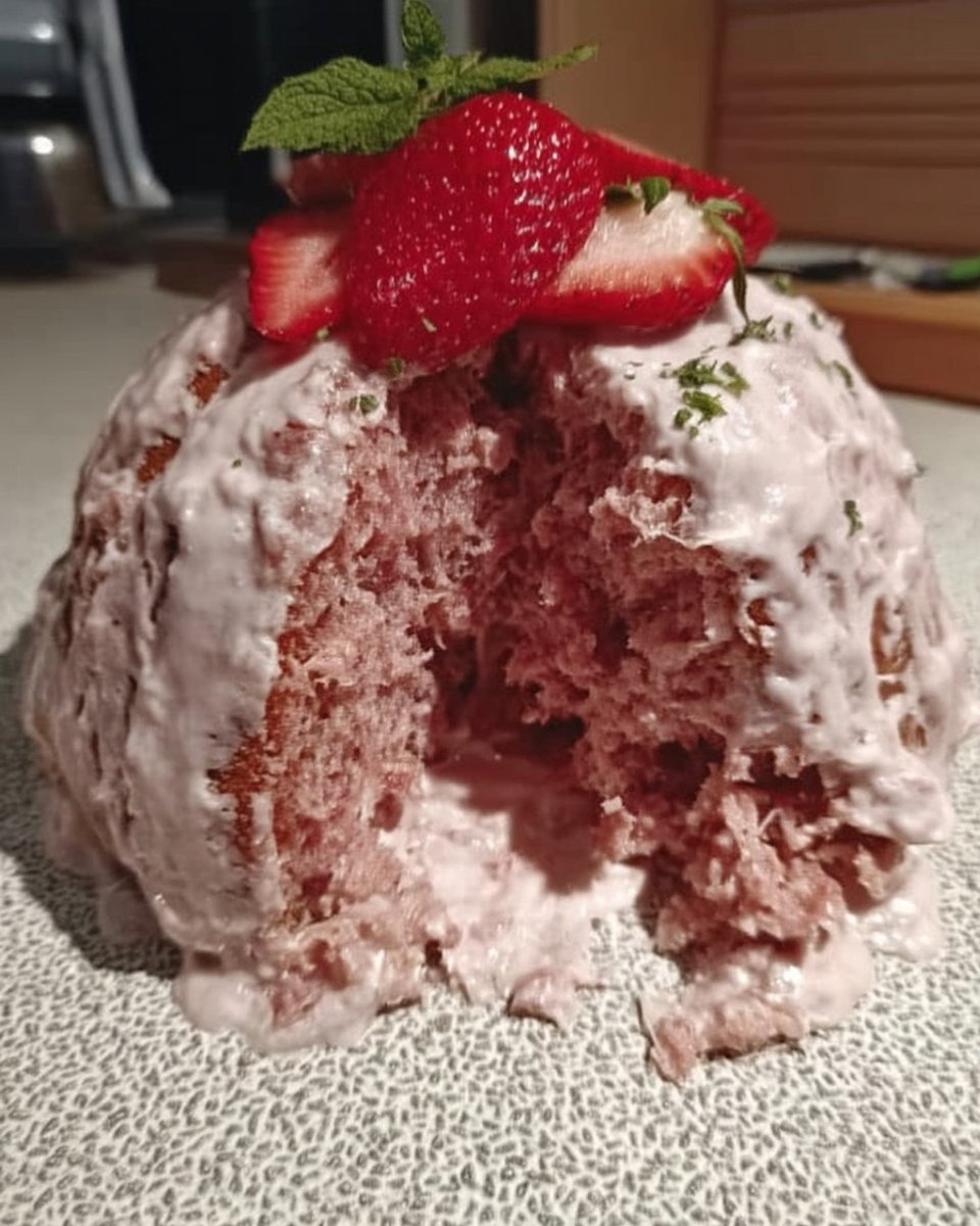 Pink strawberry cake batter being mixed in a bowl