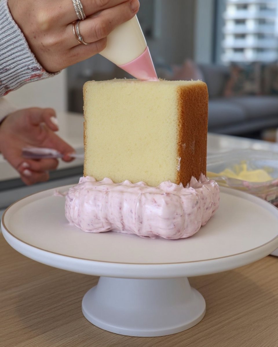 Comic Cake (2D Cake) 13 Piping black royal icing outlines on a pink fondant cake slice