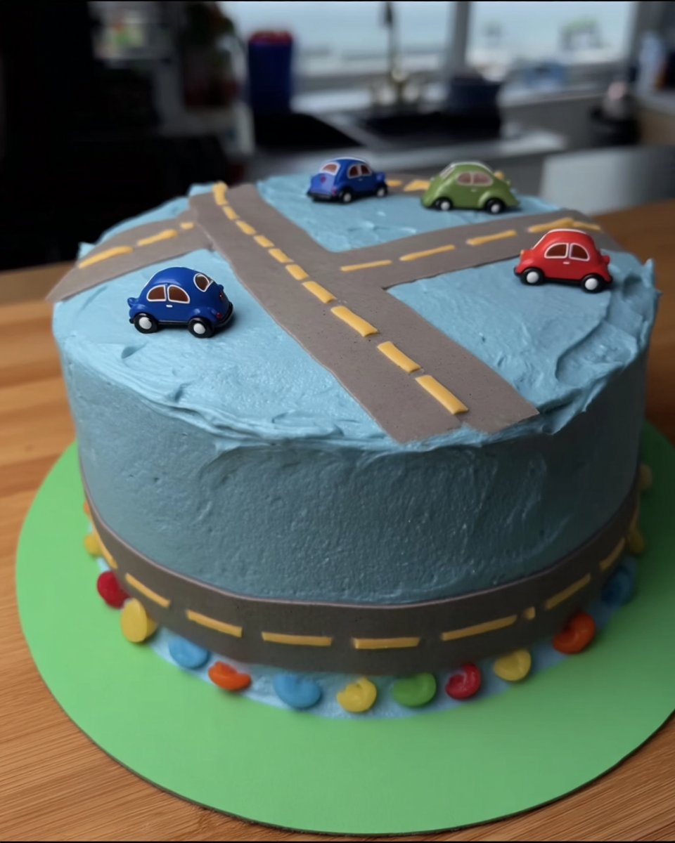 Boy Cake 13 Piping green buttercream grass onto the cake board