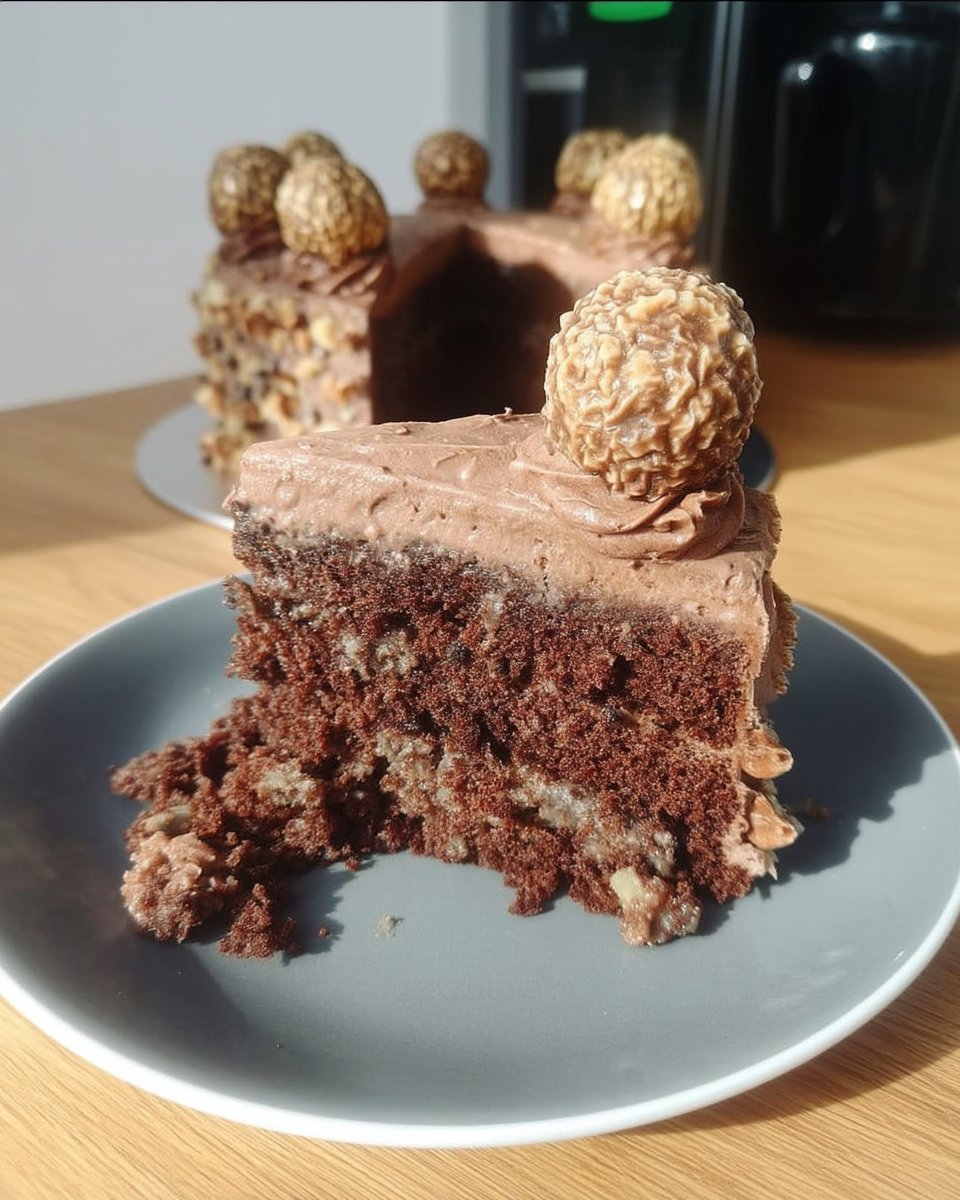 Pastry bag piping hazelnut buttercream swirls onto a chocolate cake