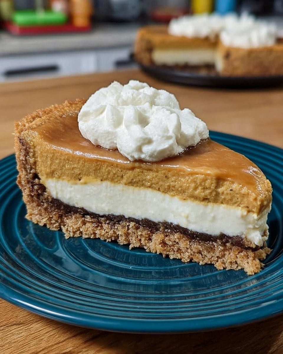 Slice of pumpkin cheesecake on a ceramic plate topped with piped whipped cream
