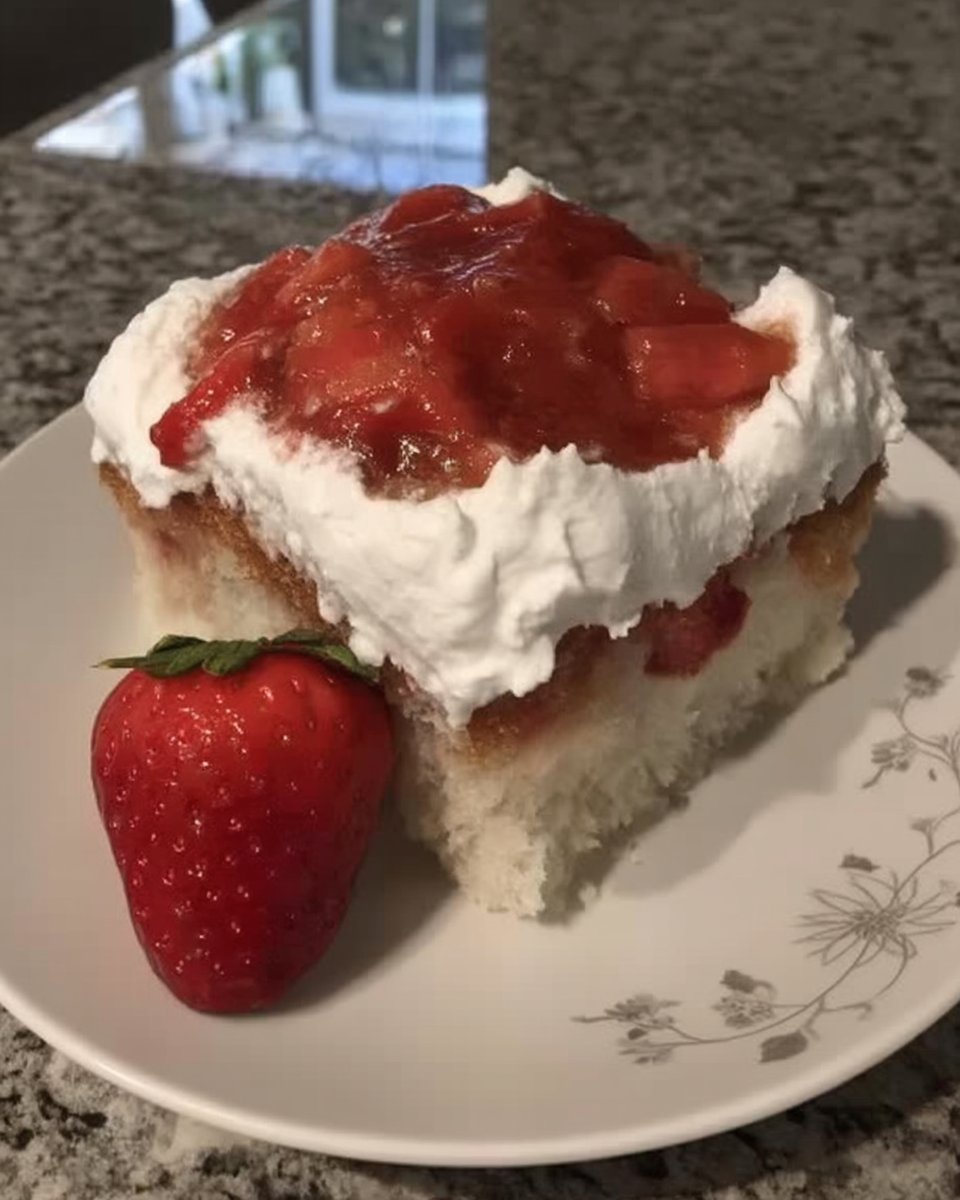 Wooden spoon handle poking holes into a baked white sheet cake