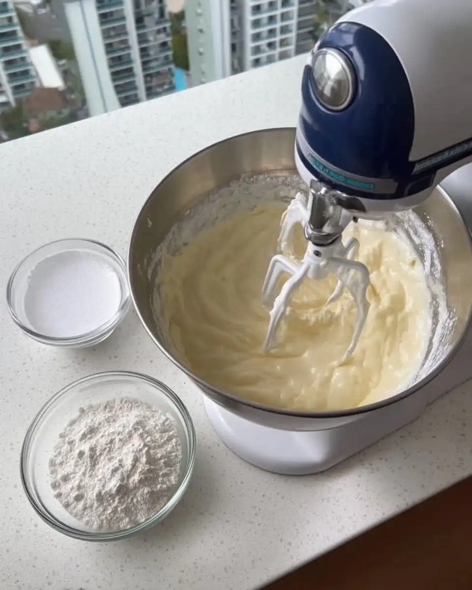 Wooden spoon handle poking holes into a baked strawberry sheet cake
