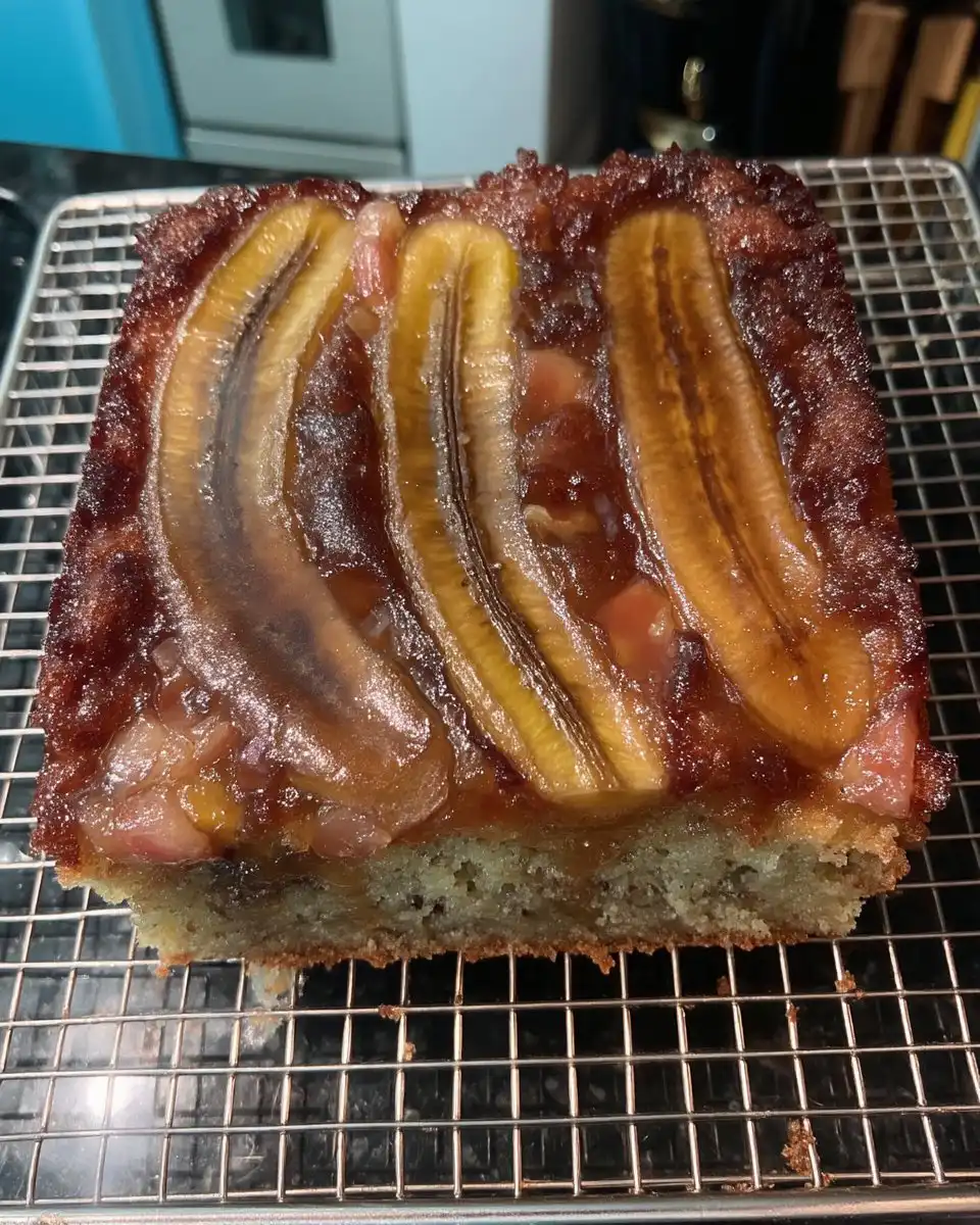 Wooden spoon handle poking holes into a baked yellow cake