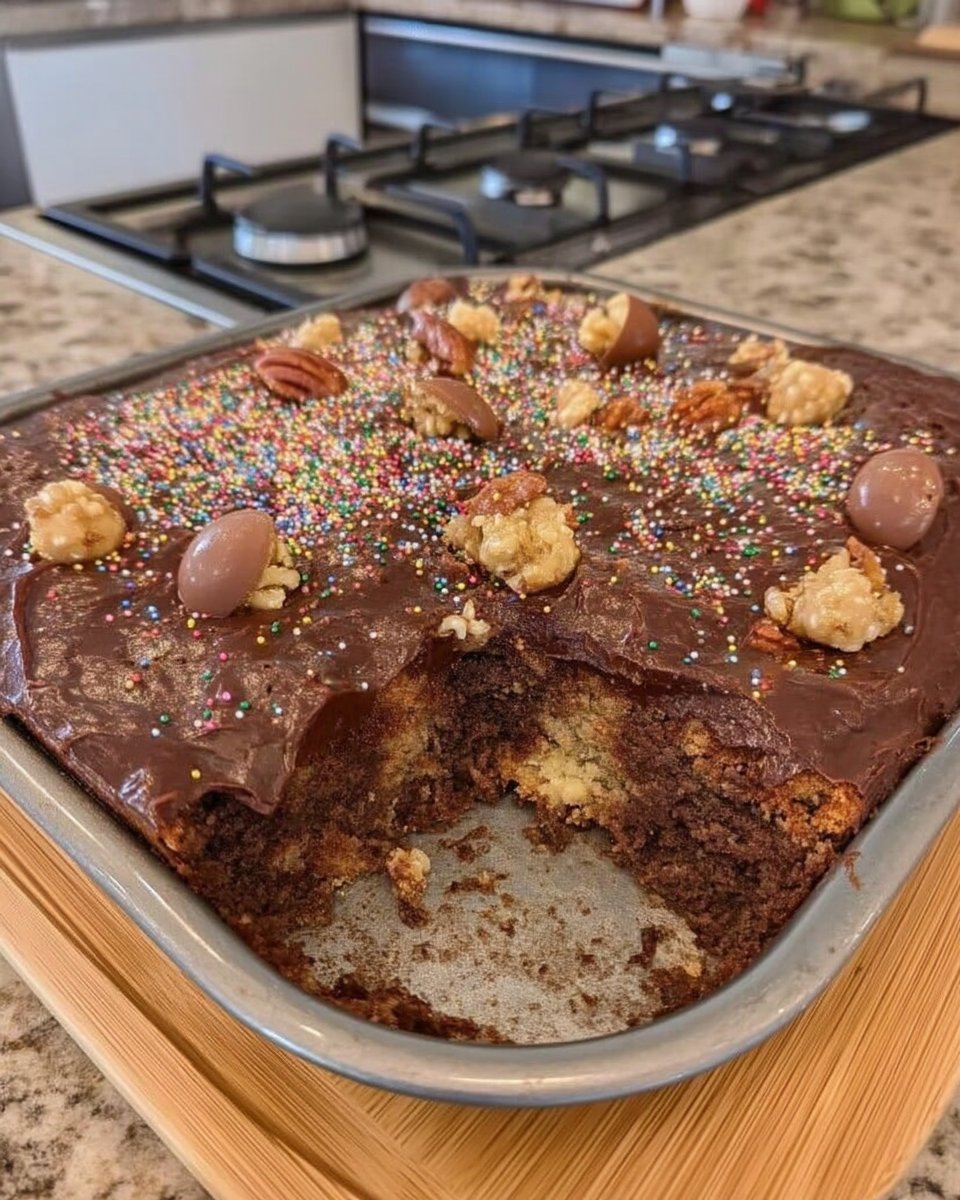 Pouring warm chocolate fudge icing over a baked sheet cake in a metal pan