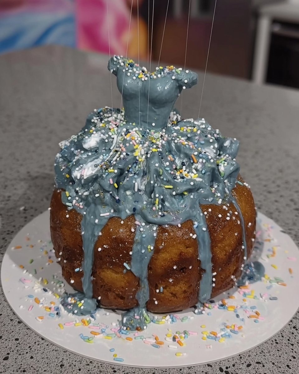 Pouring blue ganache into acetate sheet around a cake