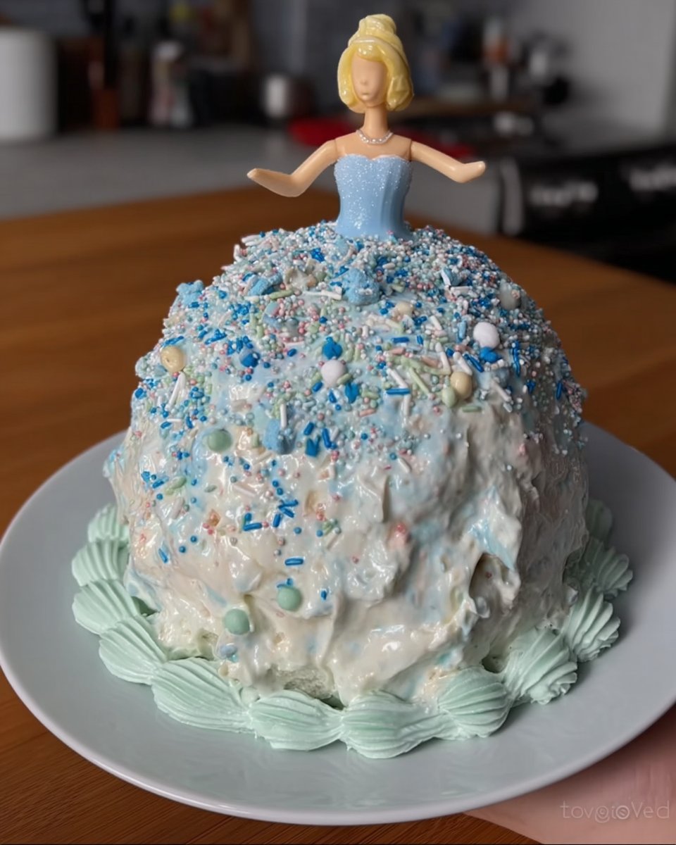 Princess doll cake with blue tsunami ganache flowing down like a skirt