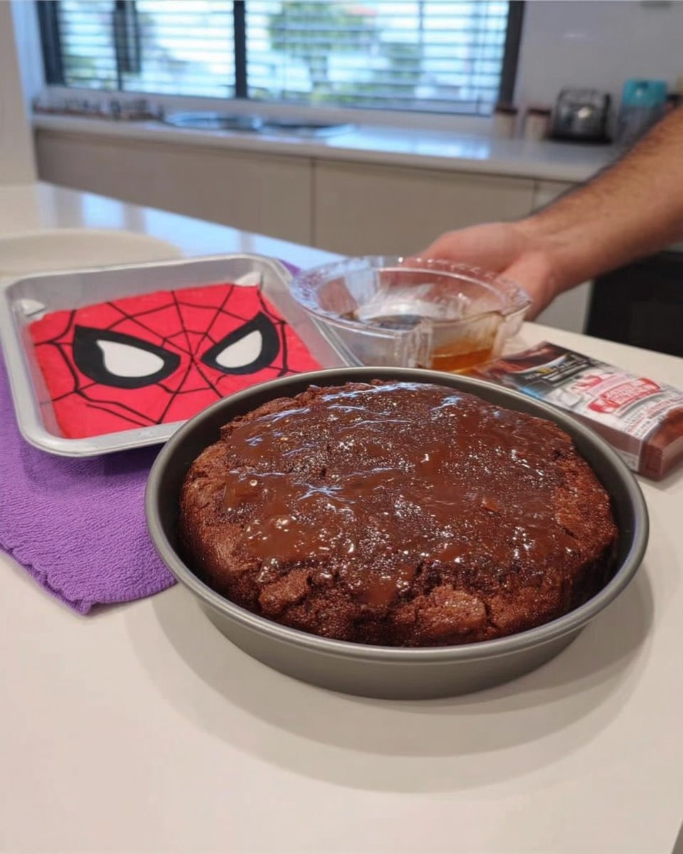 Ingredients for spider man cake including red fondant and cake mix