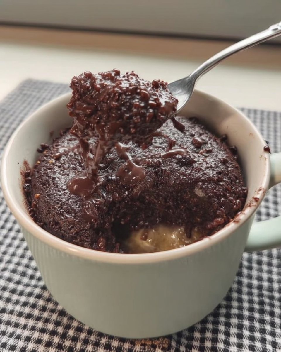 Top down view of a rich chocolate mug cake with a silver spoon resting inside