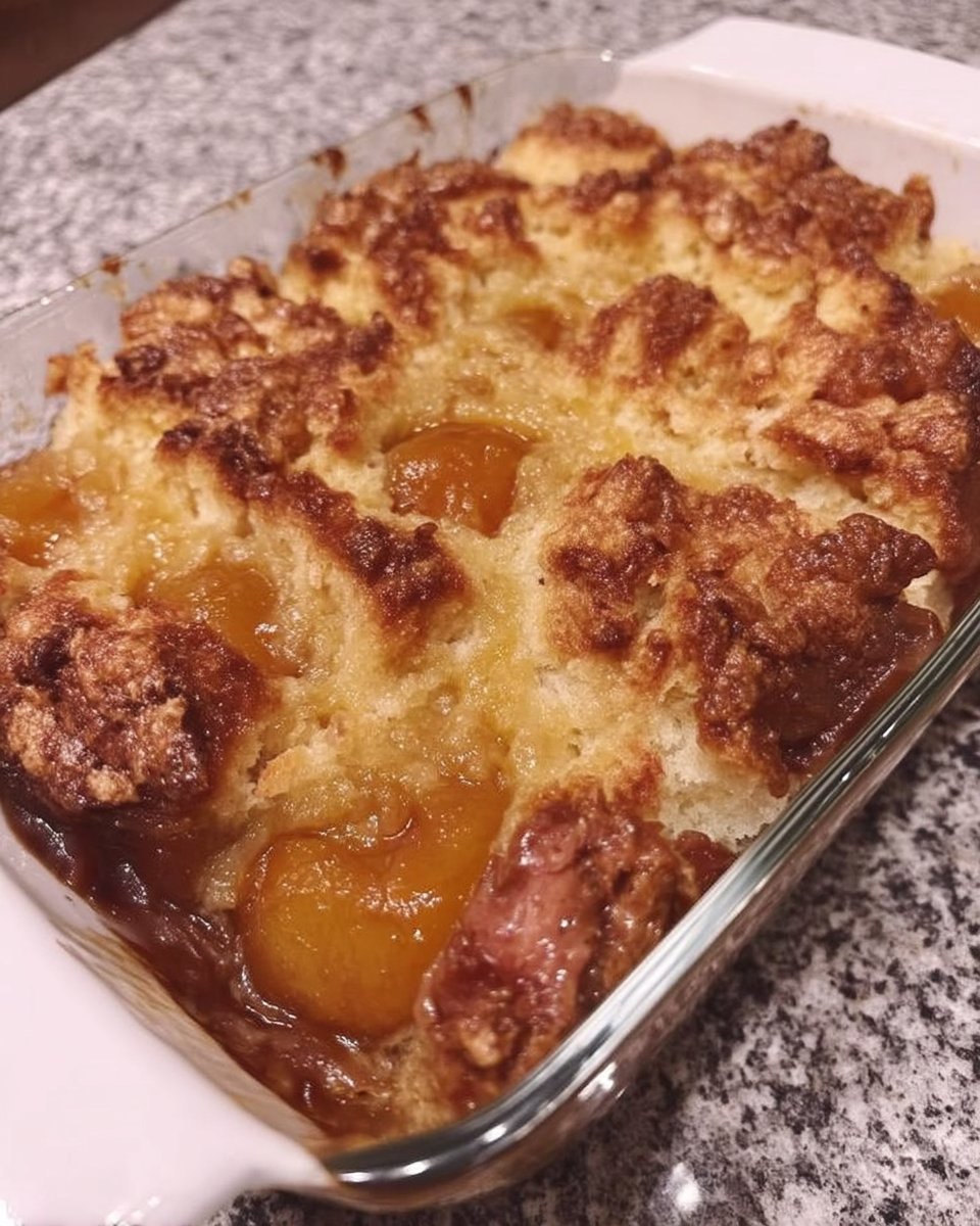 Slice of moist peach cake on a white plate with fresh peach slices nearby