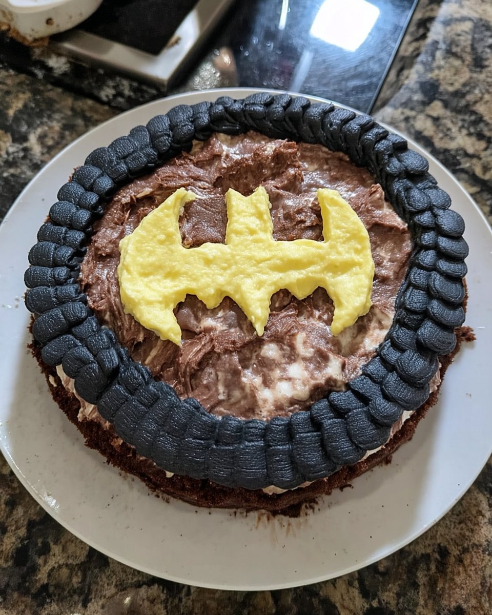 Whole batman loaf cake sliced on a wooden board with tea
