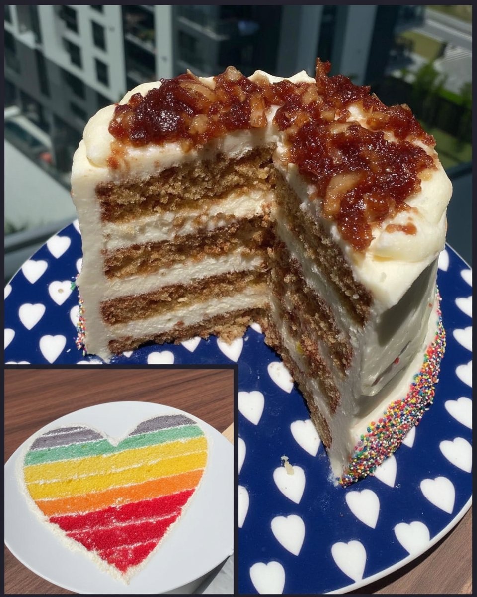Whole lemon rainbow cake on a stand with tea service