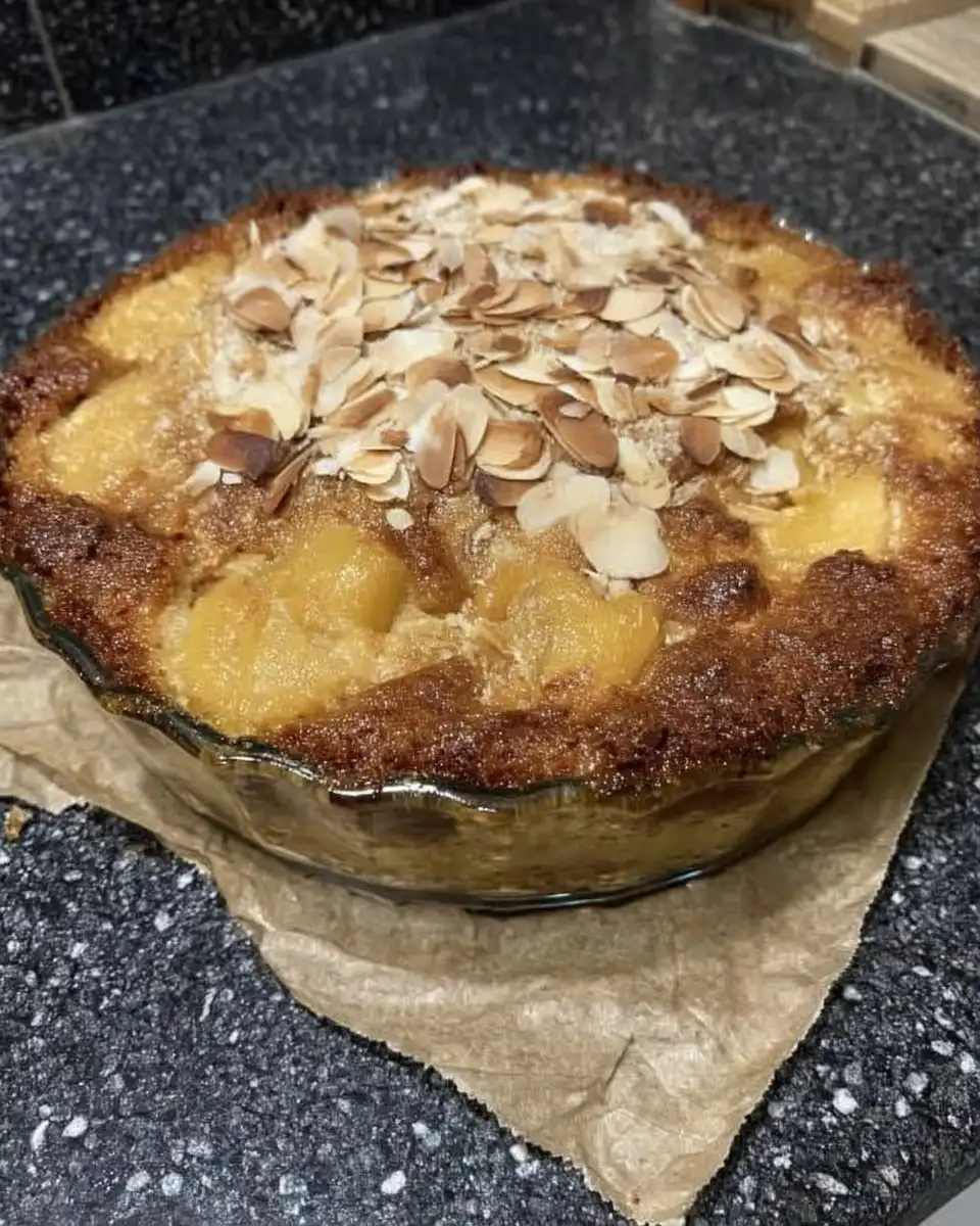 Scooping warm peach dump cake into a white ceramic bowl
