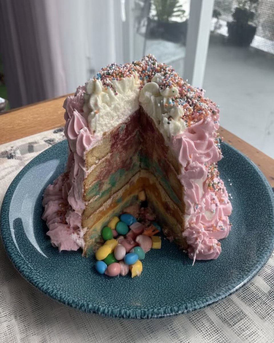 Whole pinata cake frosted with white buttercream and pink piping
