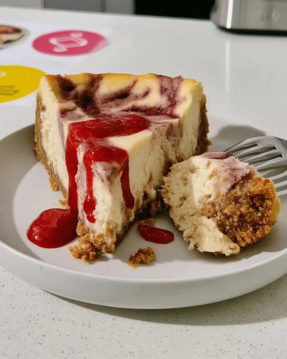 Whole strawberry cheesecake on a glass stand being served