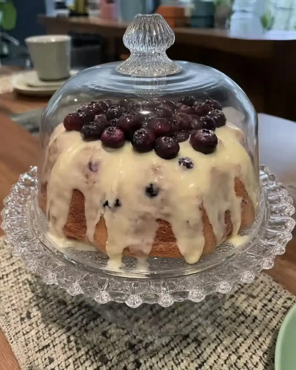 Slice of lemon blueberry cake on a floral plate with a cup of tea