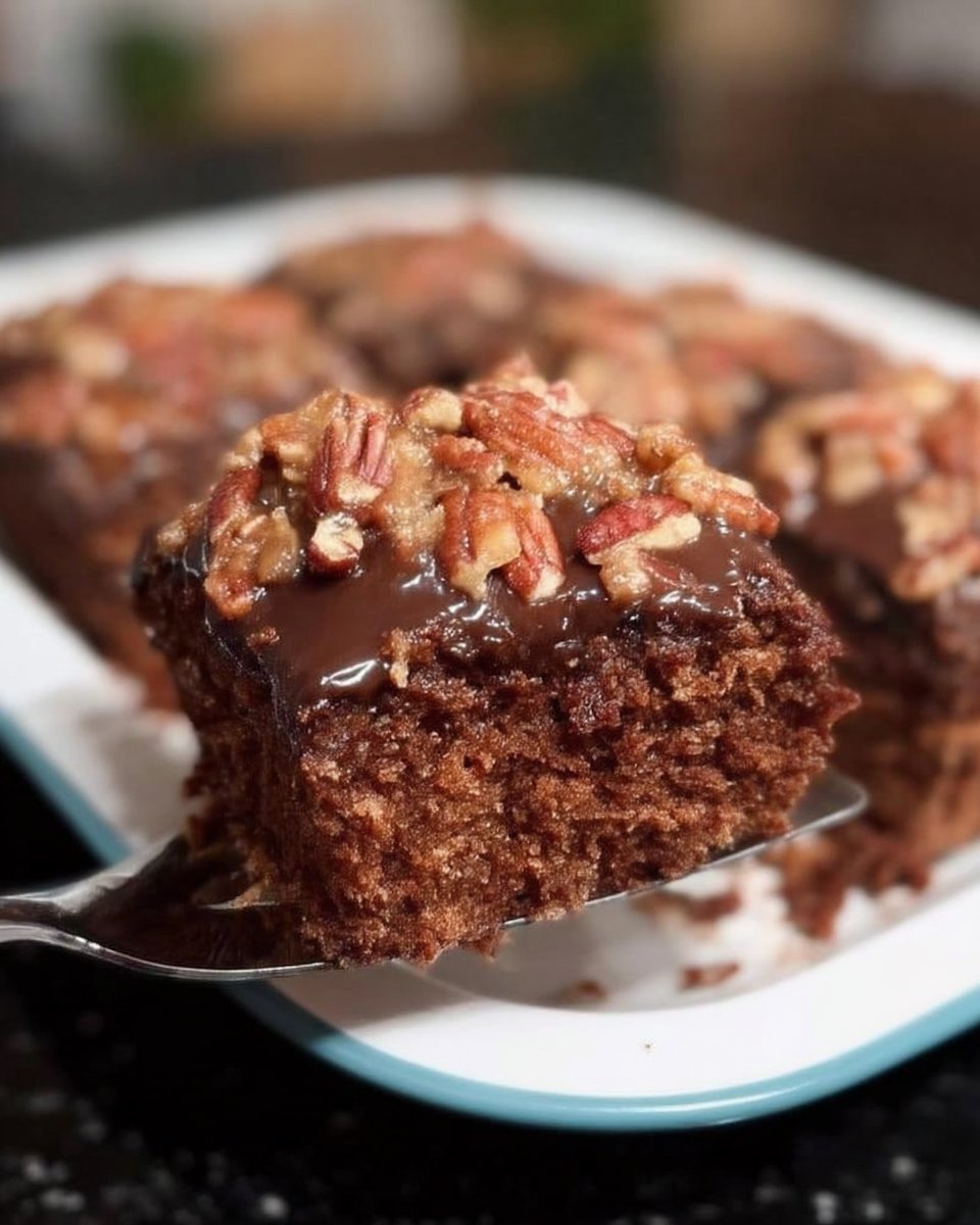 Finished square of chocolate sheet cake topped with pecans ready to serve