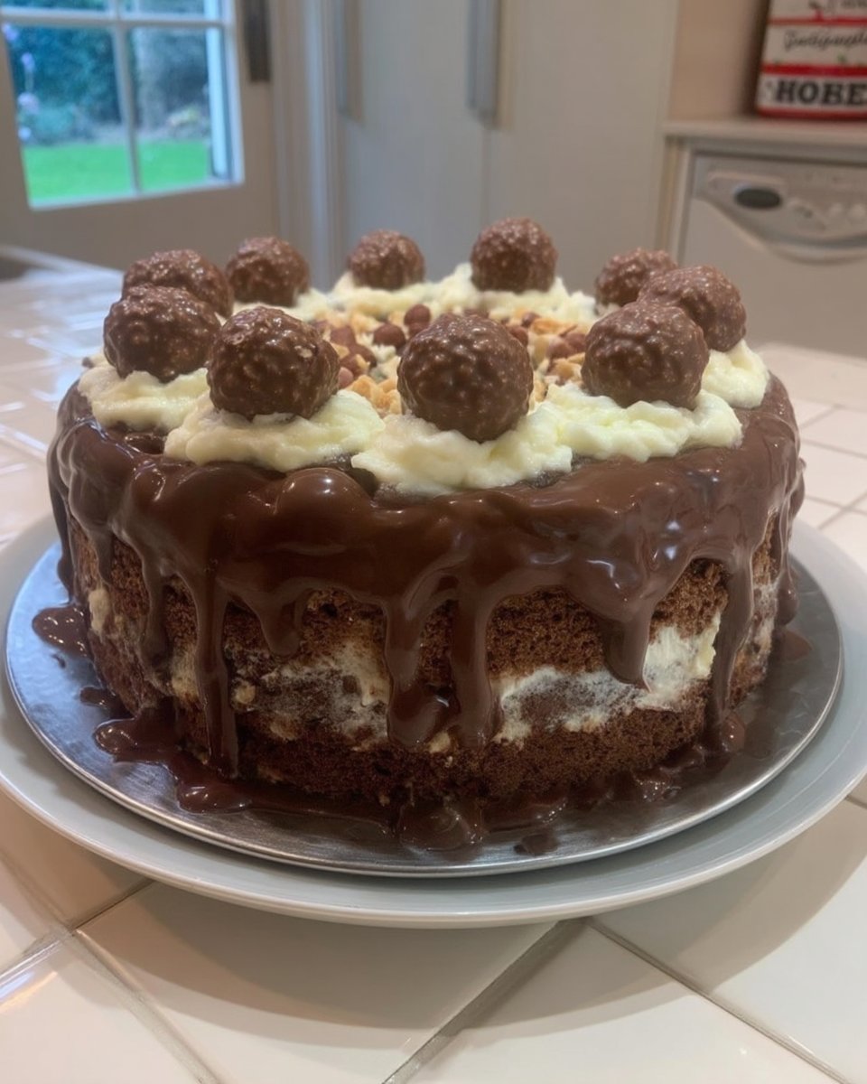 Slice of moist Ferrero Rocher cake with layers of hazelnut cream and chocolate sponge