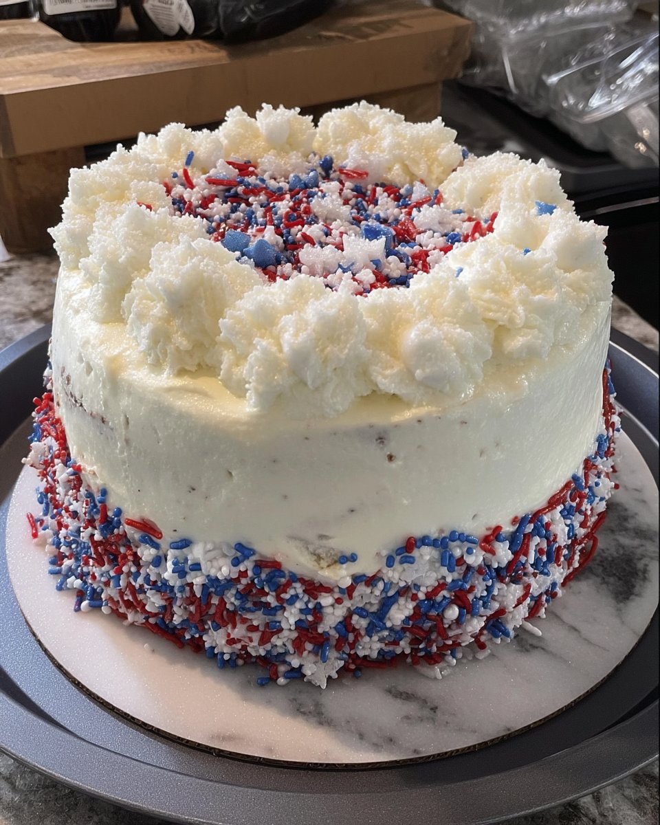 A square slice of flag cake on a white plate showing fluffy yellow crumb
