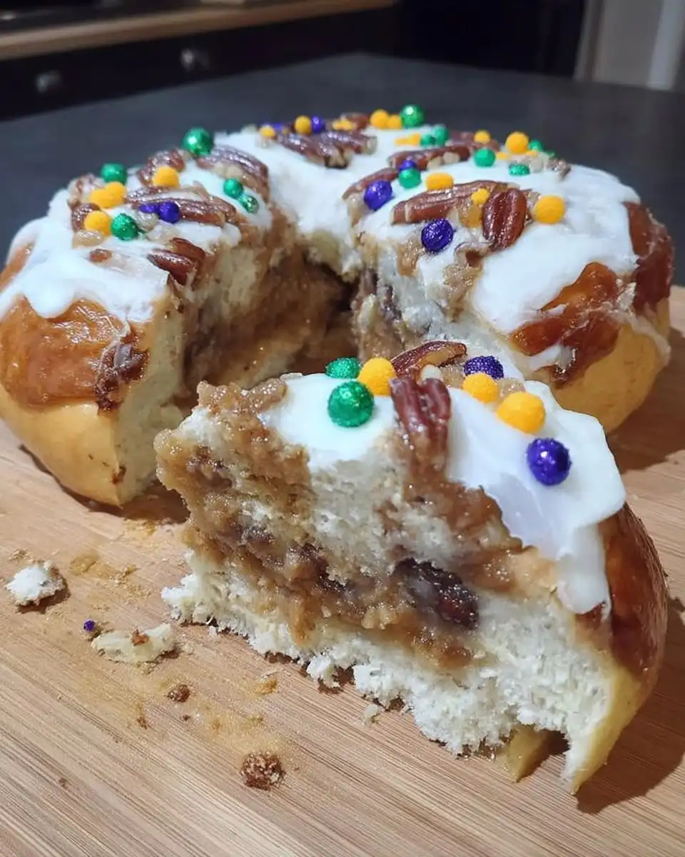 Slice of King Cake showing cinnamon pecan filling swirl