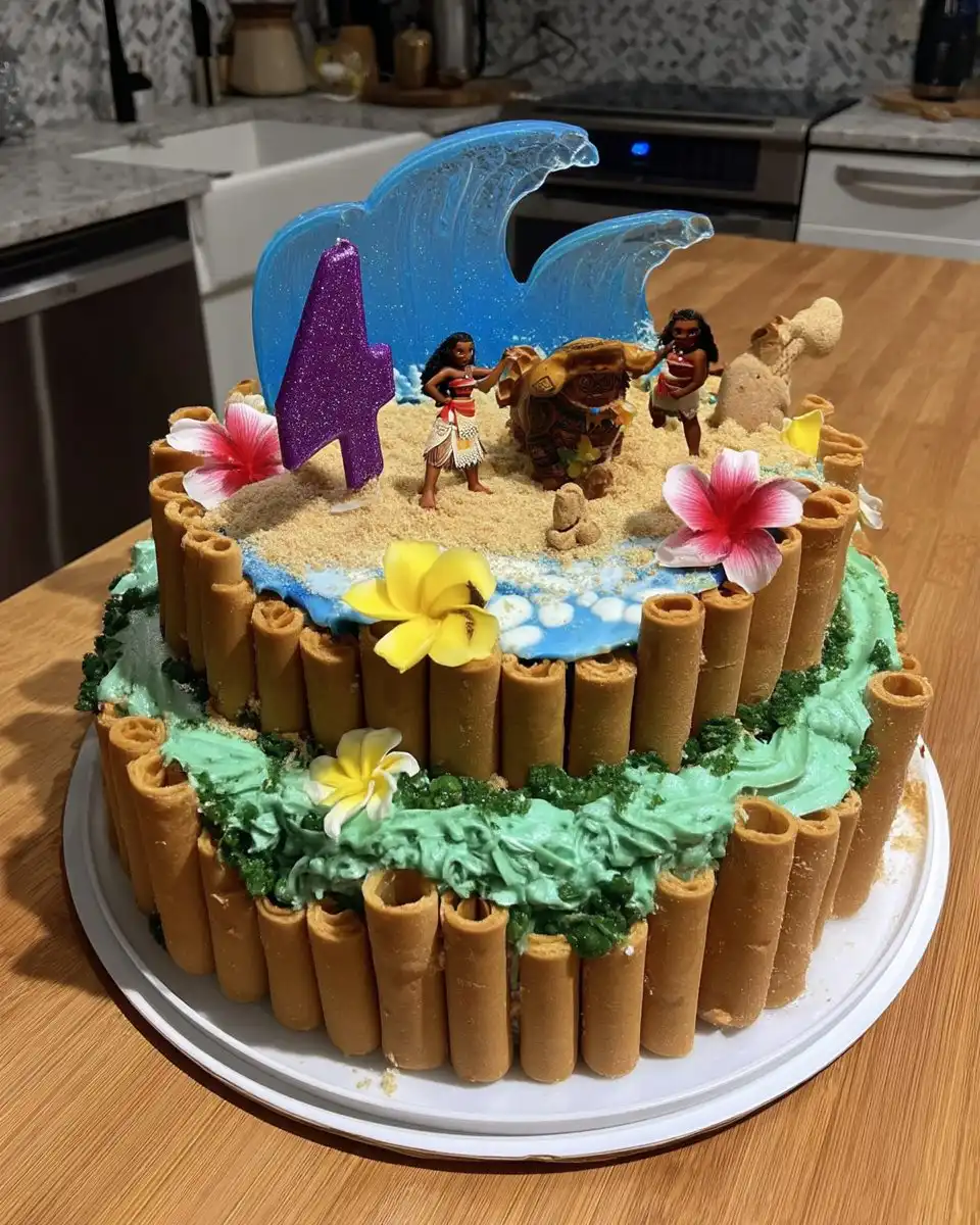 Moana Cake 14 A slice of layered buttermilk cake with strawberry jam filling on a floral plate