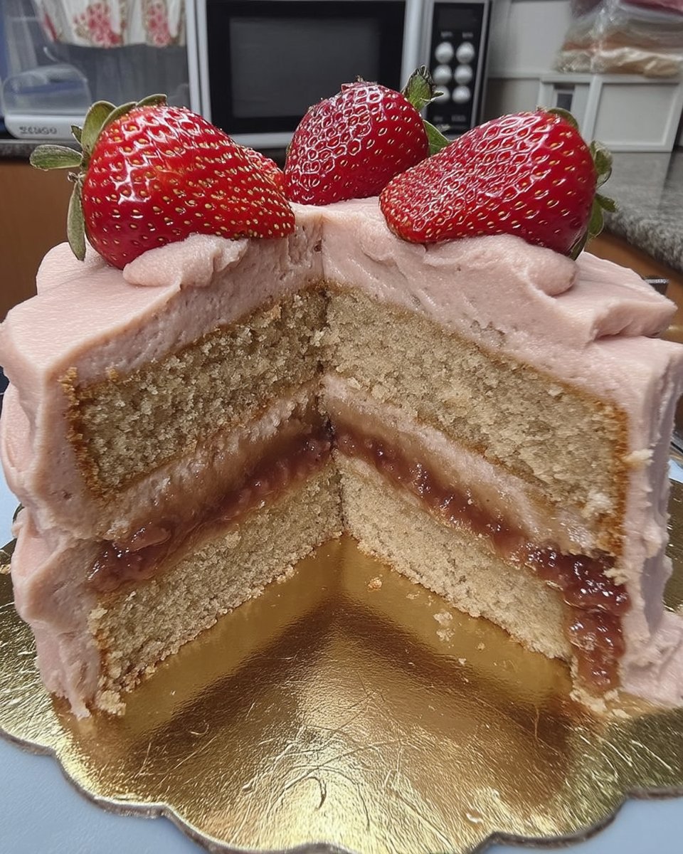 A slice of moist pink cake topped with luscious strawberry cream cheese frosting on a white plate