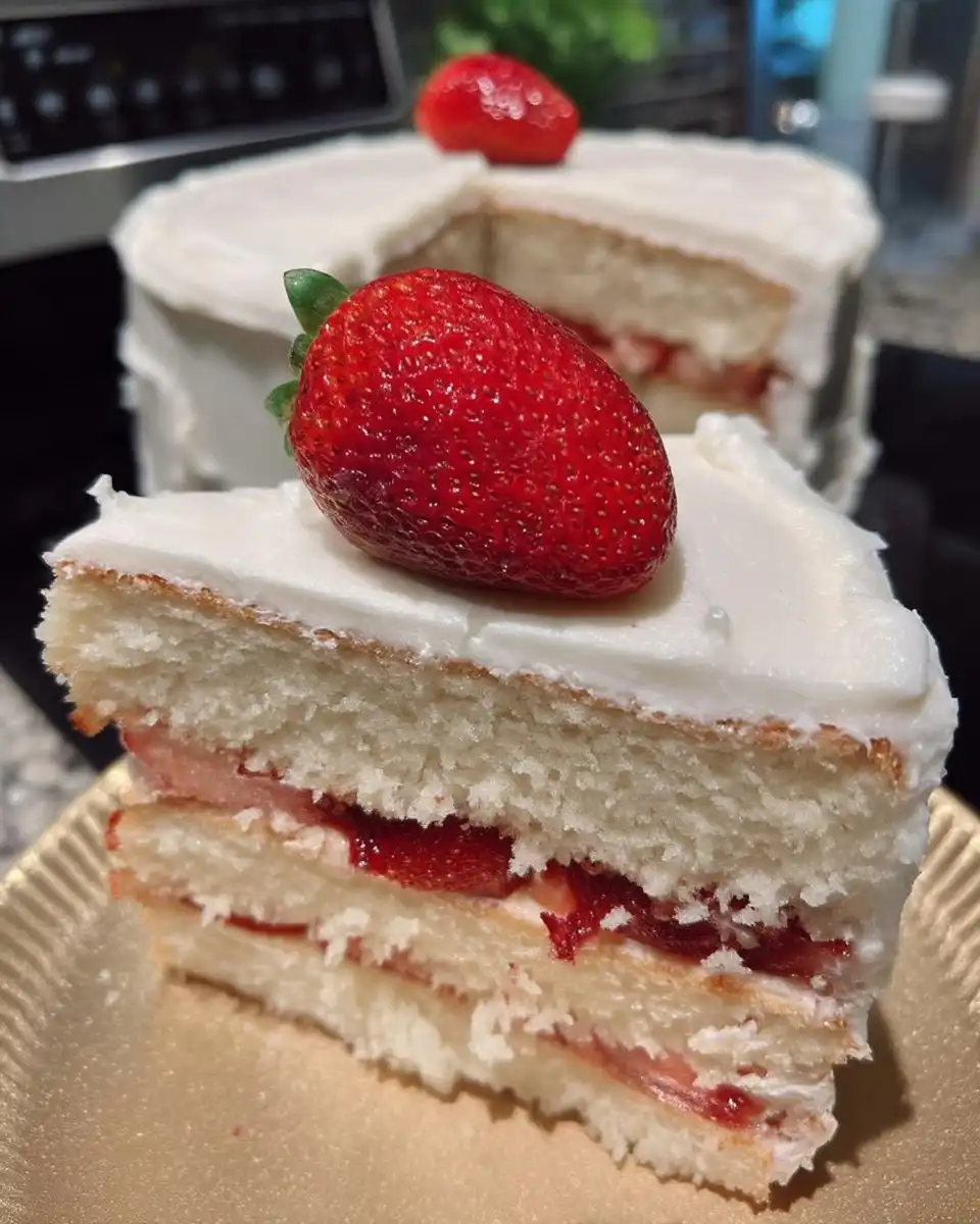 Slice of strawberry vanilla cake on a vintage floral plate
