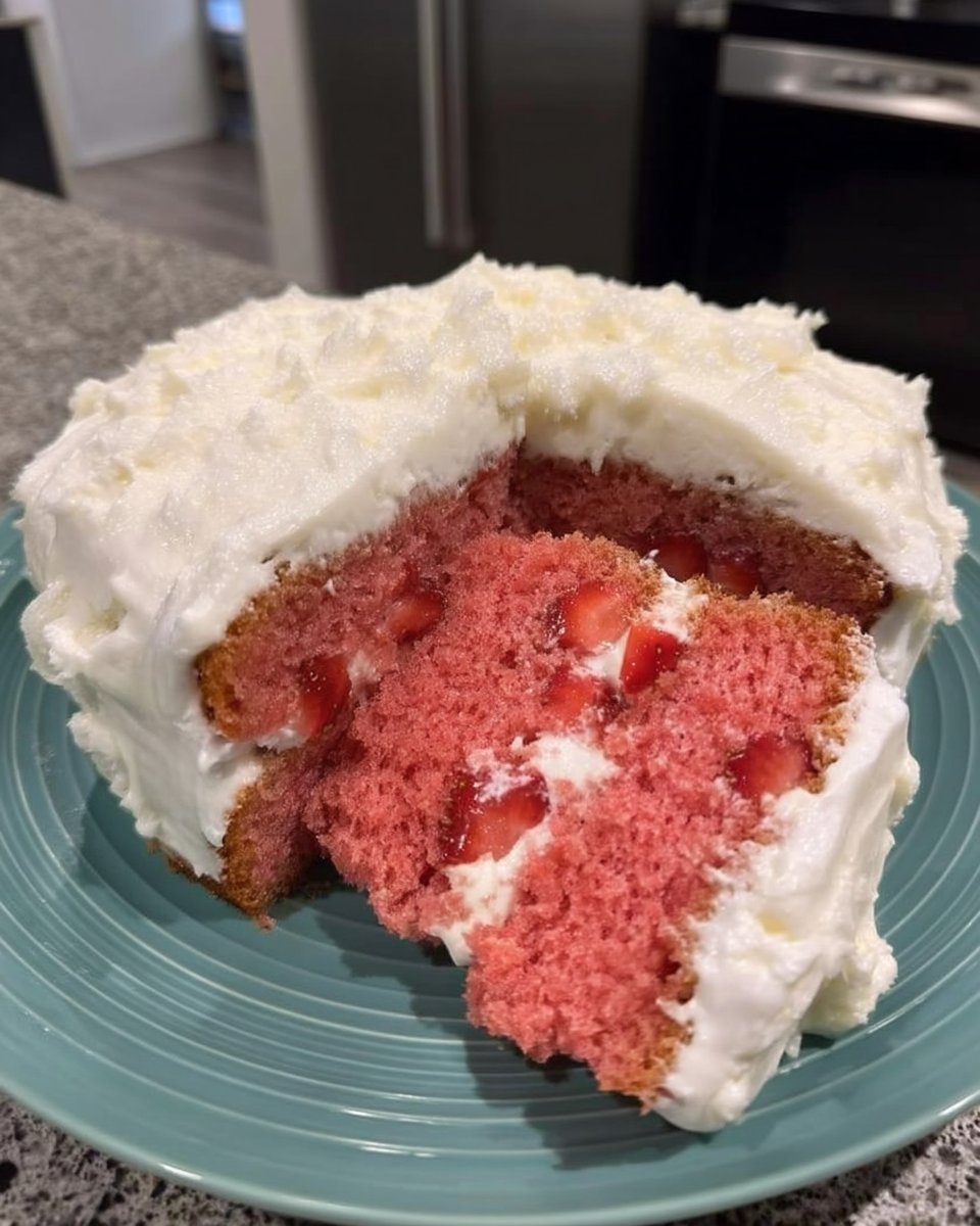 Slice of pink vintage strawberry cake on a floral plate with a fork