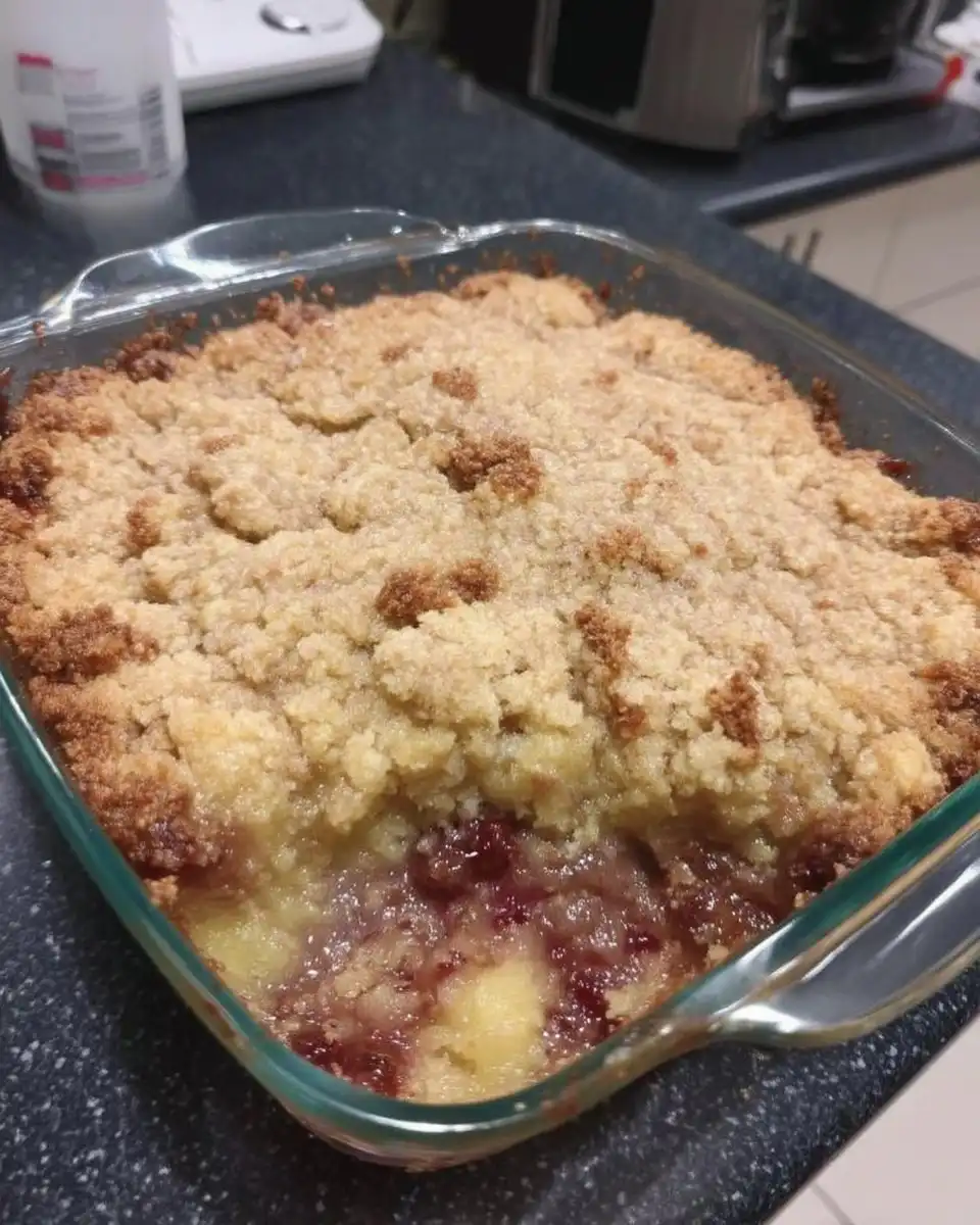 Unbaked dump cake showing thin slices of butter covering dry cake mix layer
