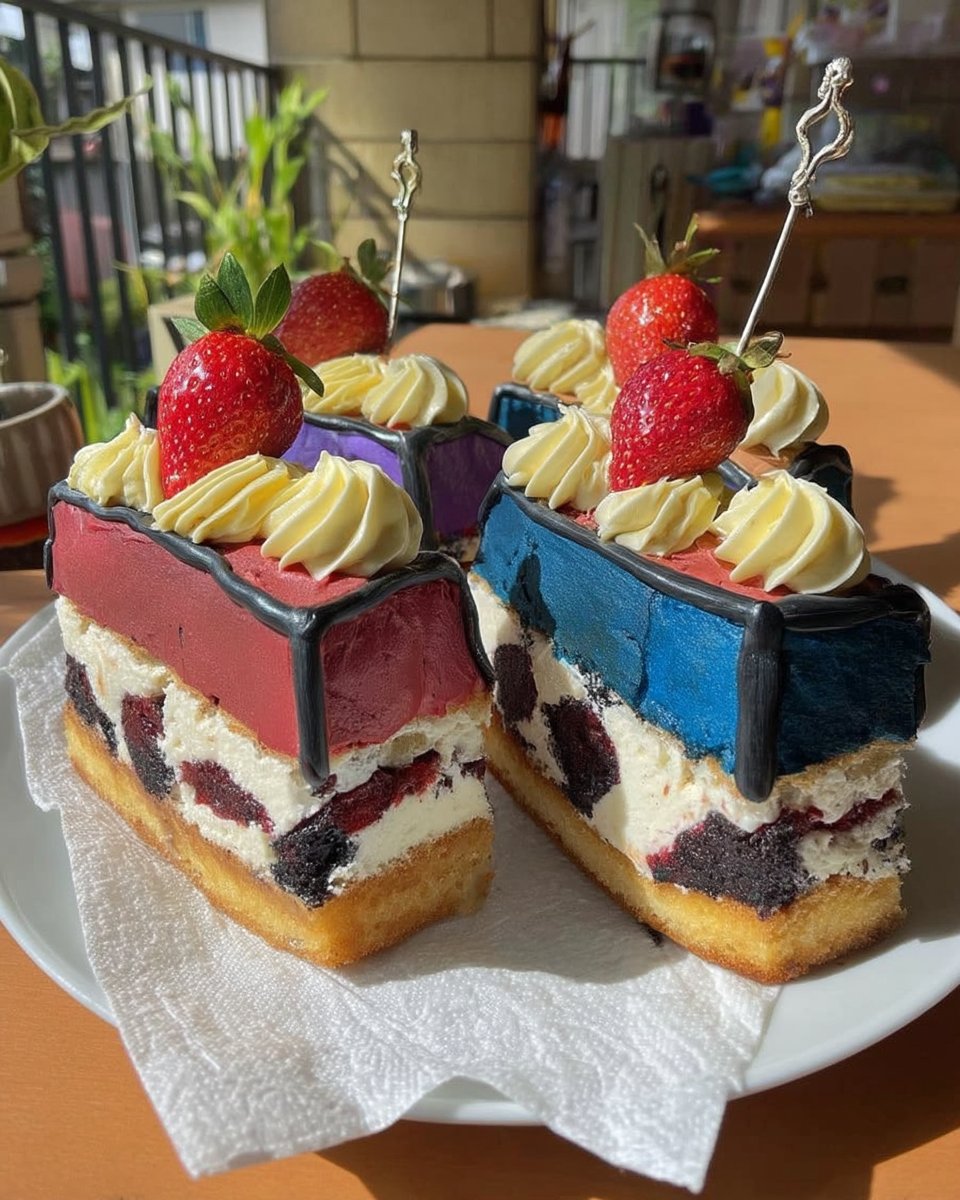 Slice of cartoon cake showing layers and graphic outline