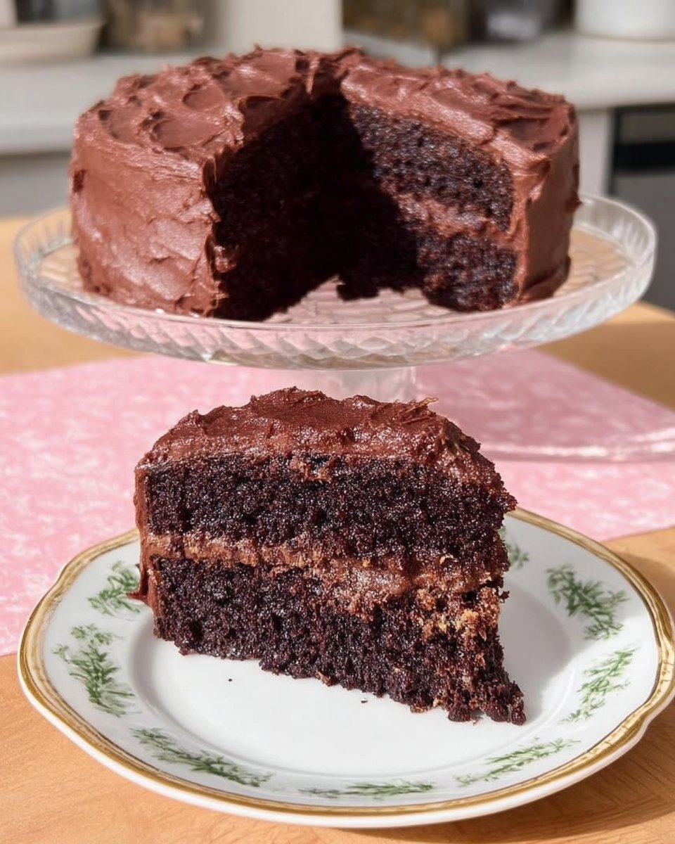 Whole devil's food cake with a slice removed on a cake stand