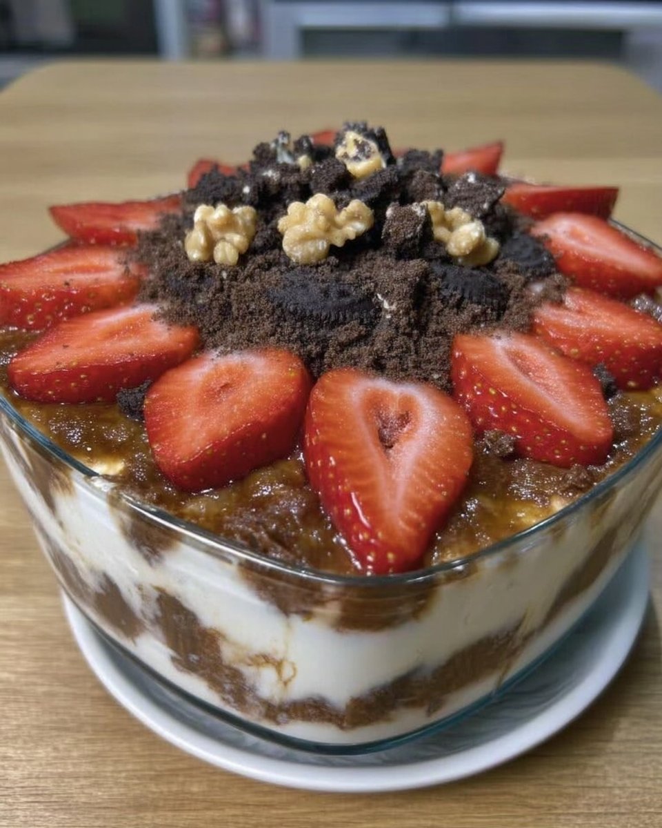 Strawberry Icebox Cake 13 Slicing a chocolate strawberry icebox cake in a glass dish