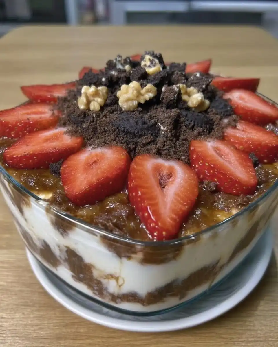 Slicing a chocolate strawberry icebox cake in a glass dish