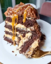 Slice of Snickers cake showing layers of chocolate sponge peanut caramel and buttercream
