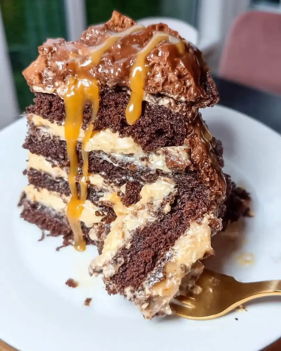 Snickers Cake 10 Slice of Snickers cake showing layers of chocolate sponge peanut caramel and buttercream