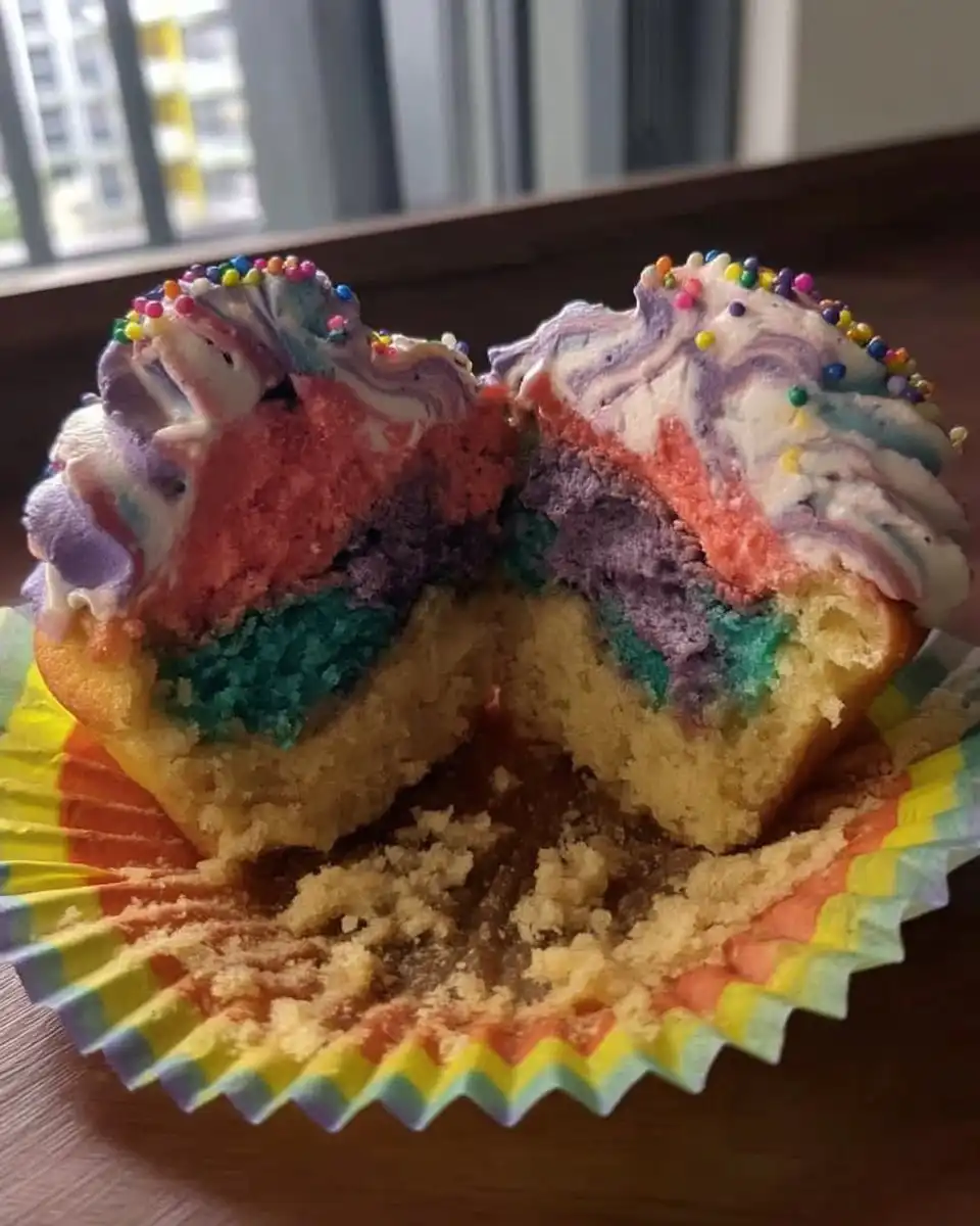 Spooning colored batter into cupcake liners
