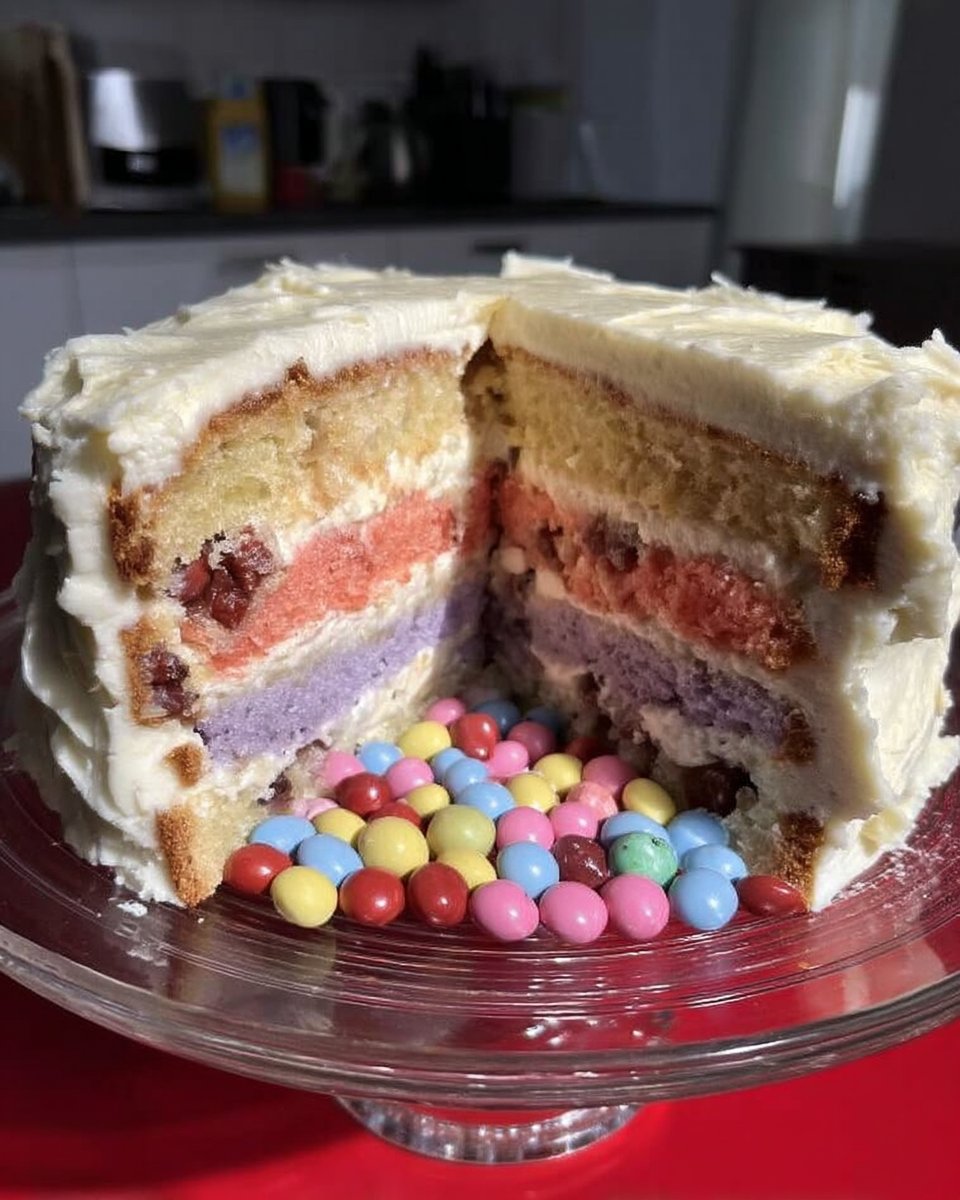 Stacking cake layers with hole cut out for pinata filling