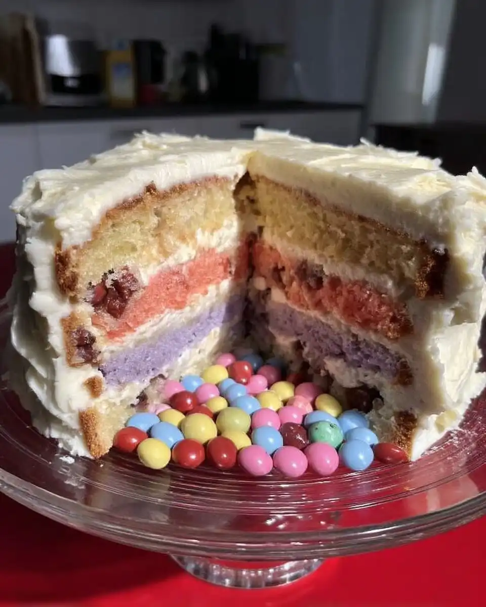 Stacking cake layers with hole cut out for pinata filling