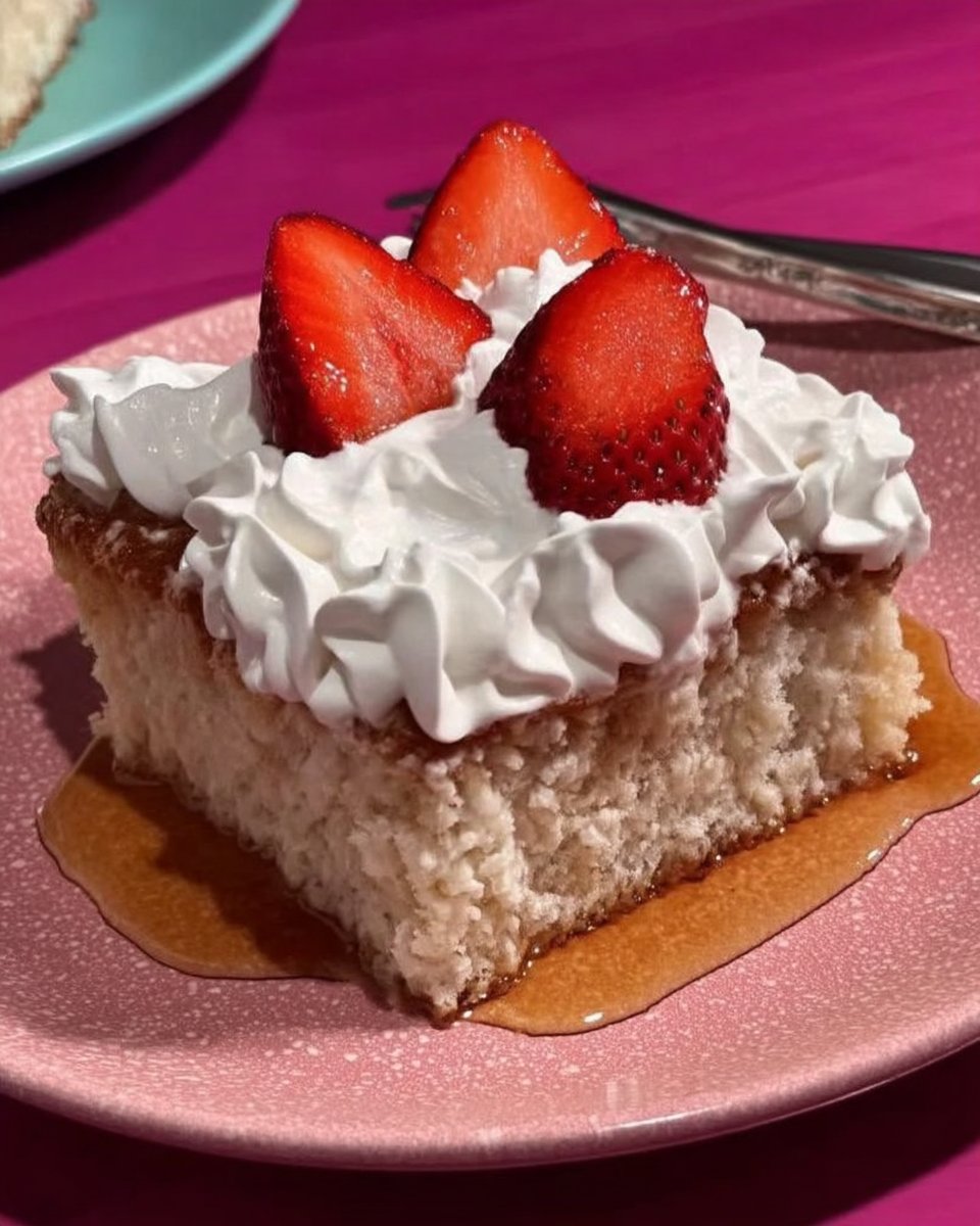 Whole strawberry tres leches cake in a pan topped with whipped cream and strawberries
