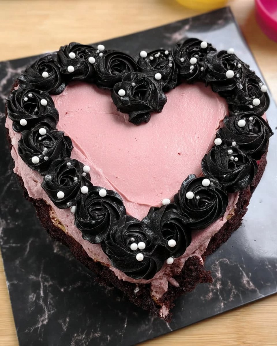 Valentine cake shaped like a heart with pink frosting and sprinkles