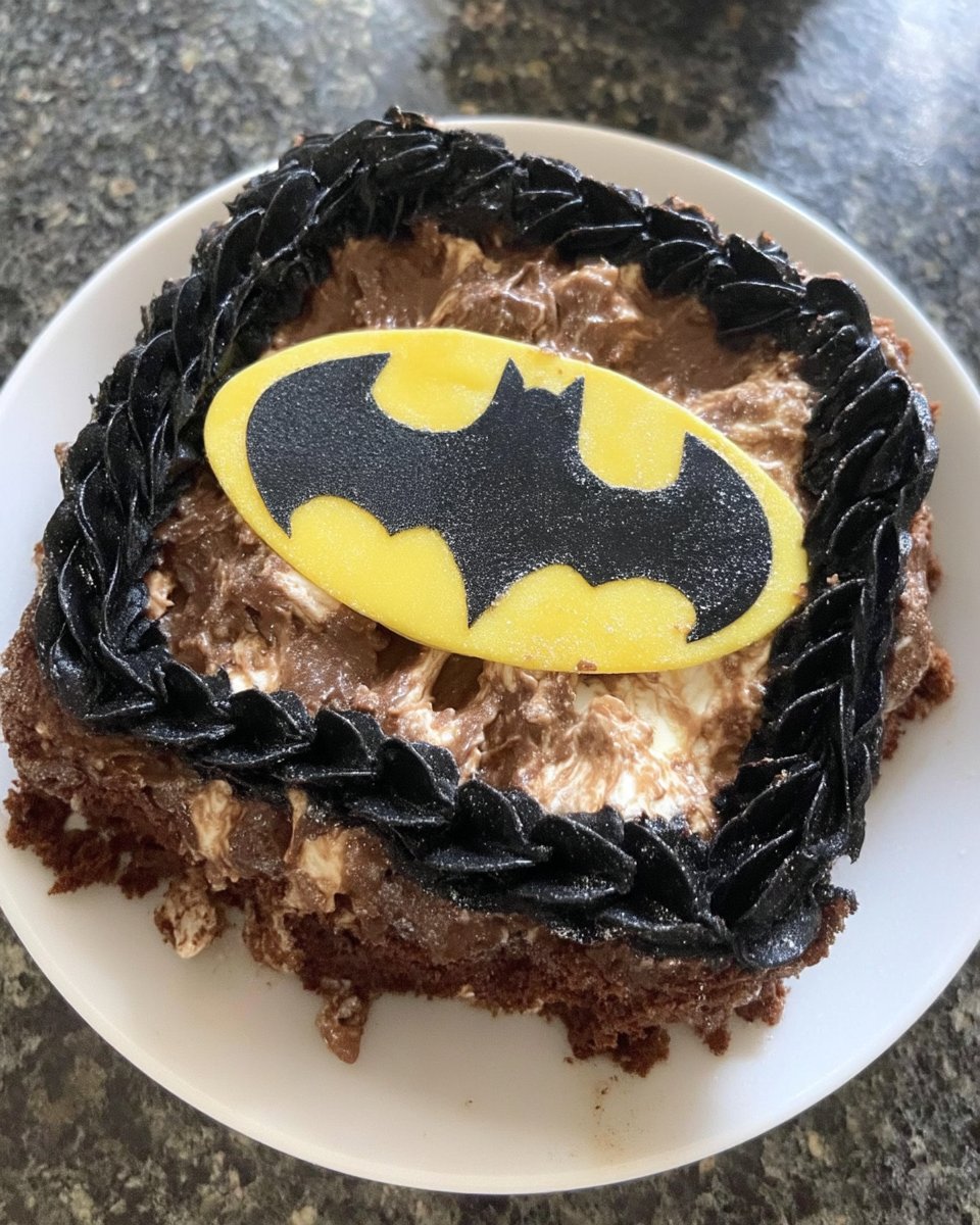 Slice of lemon loaf cake revealing a black batman shape inside on a vintage plate