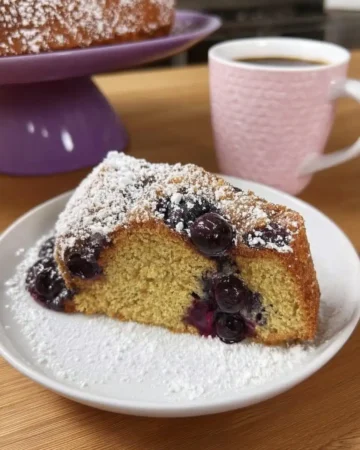 Slice of blueberry coffee cake on a vintage floral plate with a fork
