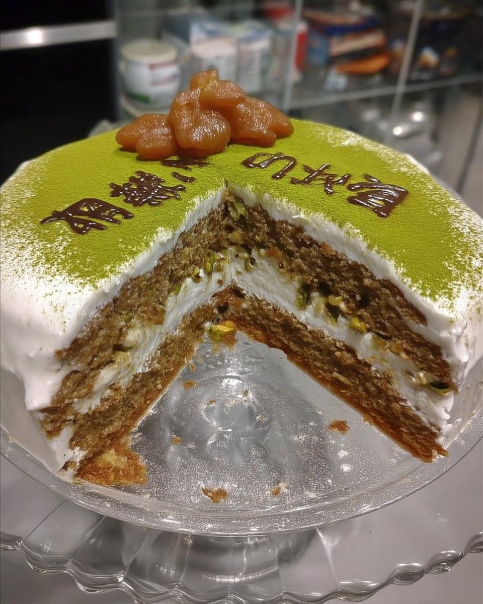 Slice of vintage green tea cake on a floral plate